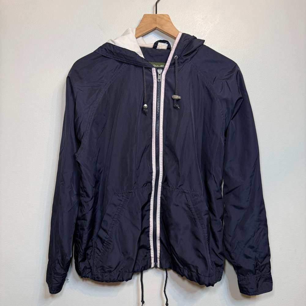 Eddie Bauer Women's Navy Blue Lined Hooded Windbreaker Jacket Medium Full Zip